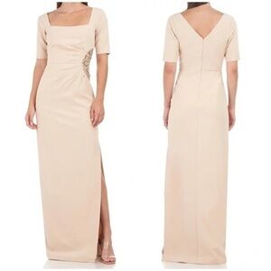 JS Collections Ashley Draped Column Gown in Champagne